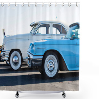 Personality  USA - 2020: Old Retro Car. Blue Elegant Super Car In A Sunny Street In The US. Retro Travel Jorney Life Style Shower Curtains