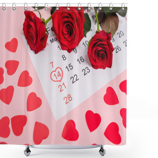 Personality  February Calendar With Hearts And Roses On Pink Background Shower Curtains
