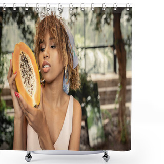 Personality  Portrait Of Fashionable Young African American Woman In Headscarf Holding Fresh Papaya While Spending Time In Blurred Garden Center, Stylish Lady Blending Fashion And Nature, Summer Concept Shower Curtains