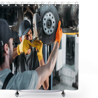 Personality  Professional Engineers Repairing Car Without Wheel In Mechanic Shop Shower Curtains