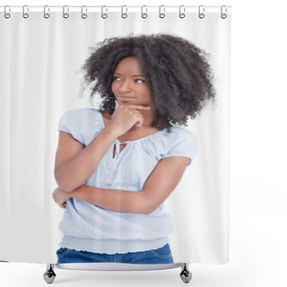 Personality  Young Woman Looking On The Side With Arms Crossed And Hand On He Shower Curtains