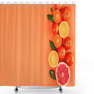 Personality  Border With Fresh Ripe Mandarins, Grapefruit And Oranges With Green Leaves On Orange Background. Shower Curtains