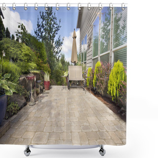 Personality  Backyard Paver Patio With Garden Accessories Shower Curtains