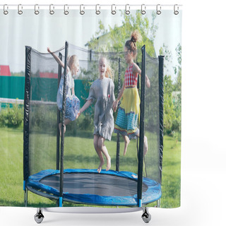 Personality  Three Little Girls Sisters Jumping On Trampoline Outdoors In Summer Shower Curtains