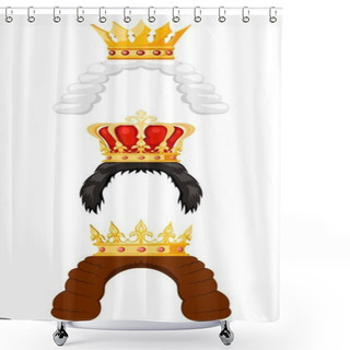 Personality  Wigs And Royal Crown With Cartoon Style On A White Background. The Hair Of A Princess, King, Prince Or Grandee With A Golden Crown, The Symbol Of The Monarch Of Power. Vector Illustration Shower Curtains