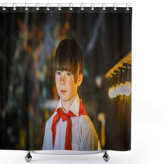 Personality  Redhead Attractive Boy Dressed Like Soviet Pioneer With Red Tie Shower Curtains