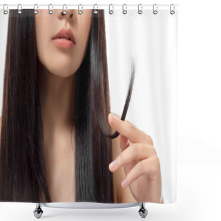 Personality  Cropped Shot Of Woman With Damaged Dark Hair Isolated On White, Split Ends Concept Shower Curtains