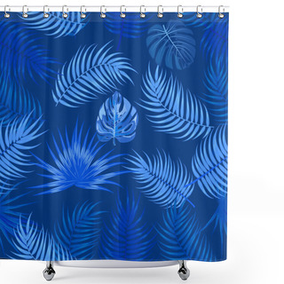 Personality  Classic Blue Seamless Pattern Of Leaves Palm Tree, Monstera, Flo Shower Curtains