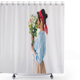 Personality  Woman Holding Bouquet Of Flowers Shower Curtains