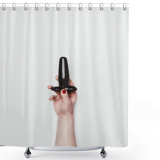 Personality  Black Butt Plug In Female Hand Isolated On White Shower Curtains