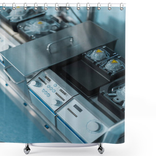 Personality  High Angle View Of Medical Stainless Equipment In Surgery Room Shower Curtains