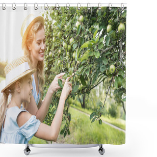 Personality  Attractive Mother And Adorable Daughter Picking Apples In Garden With Sunlight Shower Curtains