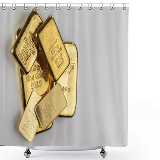 Personality  Several Gold Bars Of Different Weight On A Gray Surface. Shower Curtains