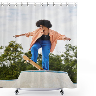 Personality  A Young African American Woman With Curly Hair Rides A Skateboard On Top Of A Cement Ramp In An Outdoor Skate Park. Shower Curtains