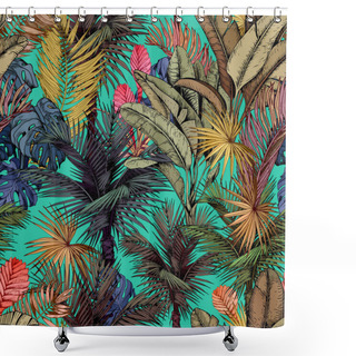Personality  Colorful Tropical Pattern With Palm Trees And Exotic Bromeliad Flowers. Shower Curtains