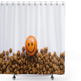 Personality  Ball With Smiley Emoticon Near Pet Food Isolated On White Shower Curtains