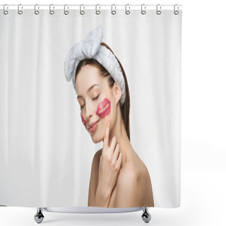 Personality  Smiling Girl With Closed Eyes Pointing With Finger At Lip-shaped Collagen Patch On Face Isolated On White  Shower Curtains
