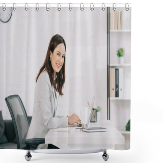 Personality  Young, Smiling Secretary Looking At Camera While Sitting At Workplace In Office Shower Curtains