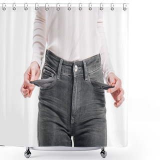 Personality  Cropped Image Of Woman Showing Empty Pockets Isolated On White Shower Curtains