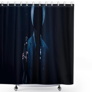 Personality  Silhouette Of Gangster Raising Gun On Dark Blue Background, Panoramic Shot Shower Curtains