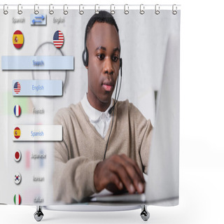 Personality  Young African American Interpreter In Headset Typing On Laptop On Blurred Foreground, Illustration Of Translation App Interface Shower Curtains