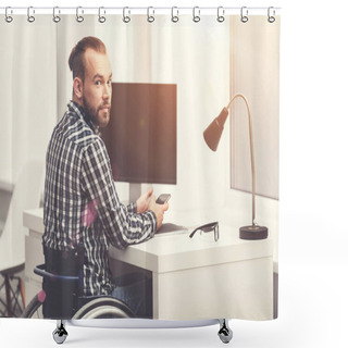 Personality  Serious Bearded Male Working In The Office Shower Curtains