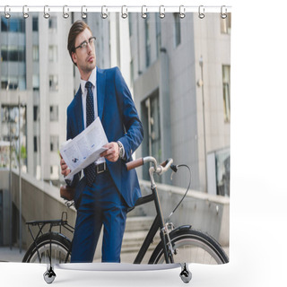 Personality  Young Businessman In Stylish Suit With Newspaper Leaning On Bicycle Shower Curtains