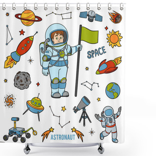 Personality  Vector Set With Astronaut And Space Objects. Cartoon Items Shower Curtains