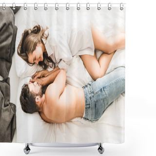 Personality  Top View Of Cute Couple Lying In Bed And Looking At Each Other Shower Curtains