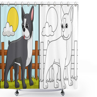 Personality  This Coloring Page Shows A Boston Terrier. One Side Of This Illustration Is Colored And Serves As An Inspiration For Children. Shower Curtains