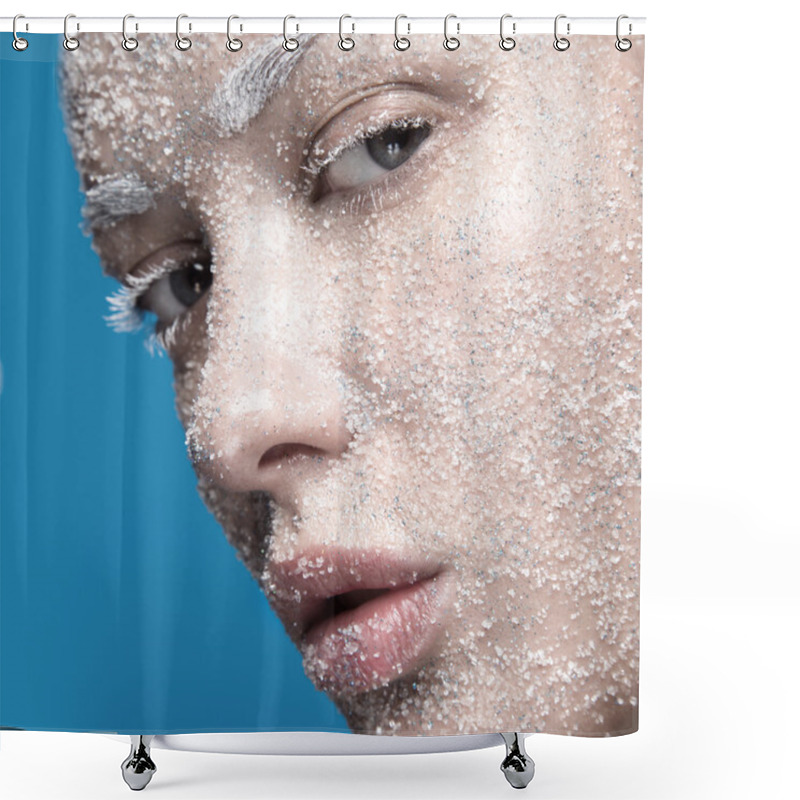 Personality  Portrait Of Girl With Pale Skin And Sugar Snow On Her Face. Creative Art Beauty Fashion. Shower Curtains