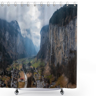 Personality  Beautiful Autumn Time At Village Of Lauterbrunnen In Swiss Alps, Gateway To Famous Jungfrau. Set In A Valley Featuring Rocky Cliffs And The Roaring, 300m High Staubbach Falls Shower Curtains