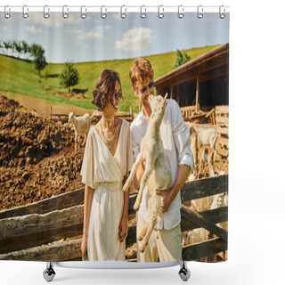Personality  Just Married Couple, Redhead Groom Holding Baby Goat Near Asian Bride In White Dress, Boho Style Shower Curtains