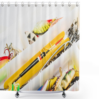 Personality  Close Up View Of Fishing Tackle And Bait In Plastic Box  Shower Curtains