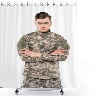 Personality  Serious Soldier In Uniform Standing With Crossed Arms Isolated On White  Shower Curtains