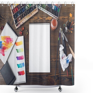 Personality  Top View Of Blank Drawing Album, Colorful Paint Strokes On Papers, Watercolor Paints And Paintbrushes At Workplace Shower Curtains