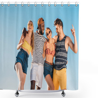 Personality  Low Angle View Of Happy Young Multiethnic Friends Smiling Against Blue Sky Shower Curtains