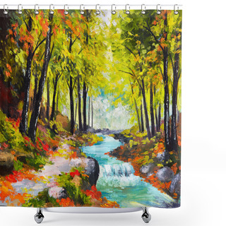 Personality  Landscape Oil Painting - River In Autumn Forest Shower Curtains