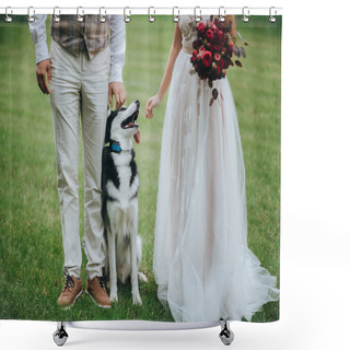 Personality  Bride And Groom Standing With Dog Shower Curtains
