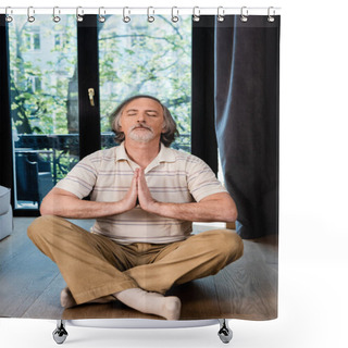 Personality  Relaxed Mature Man With Closed Eyes And Praying Hands Sitting In Lotus Pose  Shower Curtains