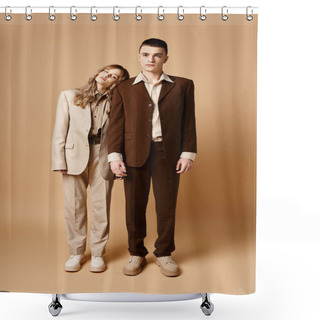 Personality  Sophisticated Man In Debonair Suit Posing Next To His Beautiful Girlfriend Who Looking At Camera Shower Curtains