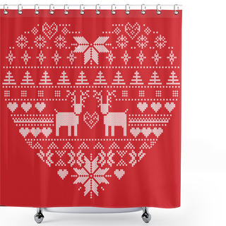 Personality  Scandinavian Nordic Winter Stitch, Knitting  Christmas Pattern In  In Heart Shape Shape Including Snowflakes, Xmas Trees,reindeer, Snow, Stars, Decorative Elements, Ornaments  On Red Background Shower Curtains