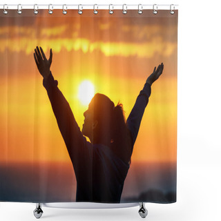 Personality  Woman Praising And Enjoying Golden Sunset Shower Curtains