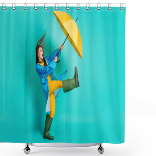 Personality  Full Length Profile Photo Of Shocked Lady Stormy Rainy Weather Walk Street Hold Umbrella Catch Strong Wind Blew Away Wear Raincoat Sweater Pants Gumboots Isolated Teal Color Background Shower Curtains