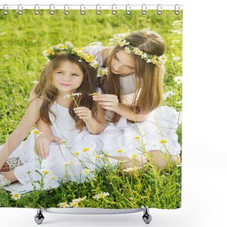 Personality  Two Pretty Girls With Wreath Of Chamomiles Shower Curtains