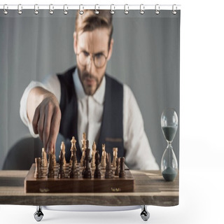 Personality  Selective Focus Of Focused Young Businessman Playing Chess Shower Curtains