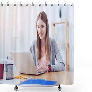 Personality  Attractive Brunette Looking At Screen Of Computer Shower Curtains