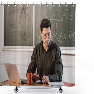 Personality  Pensive Male Teacher In Glasses Sitting At Computer Desk With Notebooks And Coffee In Classroom Shower Curtains