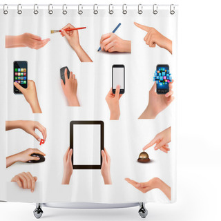 Personality  Collection Of Hands Holding Different Business Objects Shower Curtains