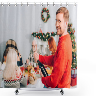 Personality  Selective Focus Of Man Opening Champagne Bottle Near Family Sitting At Table Shower Curtains